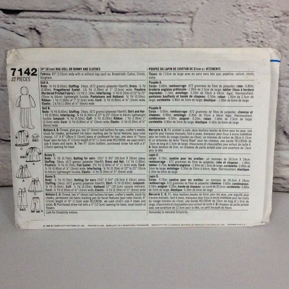 Vtg (2) Simplicity Crafts Sewing Patterns #7142 & 8688 Rag Doll/Bunny & Clothes - Picture 11 of 11